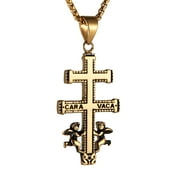 Religious Stainless Steel Cruz De Caravaca Double Cross with Angels Pendant Necklace (Gold / Big)